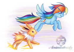 Size: 1024x731 | Tagged: safe, artist:animechristy, rainbow dash, jolteon, pegasus, pony, g4, crossover, female, flying, mare, multicolored hair, pokémon, smiling
