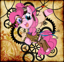 Size: 400x384 | Tagged: safe, artist:0crimsonaffinity0, pinkie pie, earth pony, pony, g4, clockwork, cog, female, goggles, solo, steampunk, watermark