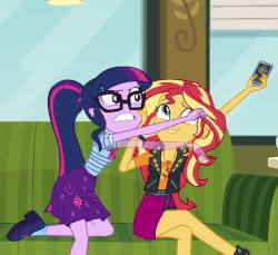 Size: 800x732 | Tagged: safe, screencap, sci-twi, sunset shimmer, timber spruce, twilight sparkle, equestria girls, g4, my little pony equestria girls: better together, text support, text support: sunset shimmer, animated, clothes, flailing, geode of empathy, geode of telekinesis, glasses, keep away, magical geodes, majestic as fuck, phone, tantrum