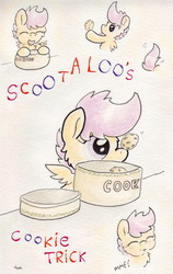 Size: 707x1121 | Tagged: dead source, safe, artist:slightlyshade, scootaloo, pegasus, pony, g4, balancing, cookie, cookie jar, eating, female, filly, food, happy, hoof hold, open mouth, ponies balancing stuff on their nose, solo, spread wings, traditional art, treat on nose, watercolor painting, wings