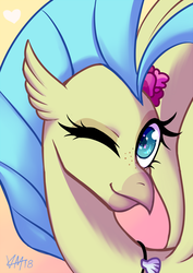 Size: 800x1131 | Tagged: safe, artist:emberfan11, princess skystar, classical hippogriff, hippogriff, g4, my little pony: the movie, female, looking at you, one eye closed, smiling, solo, wink