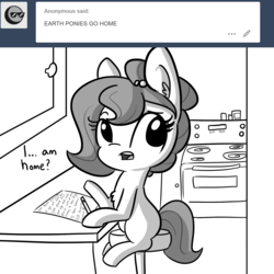 Size: 1650x1650 | Tagged: safe, artist:tjpones, oc, oc only, oc:brownie bun, earth pony, pony, horse wife, ask, blackmail, chest fluff, dialogue, ear fluff, female, grayscale, hoof hold, letter, mare, monochrome, oven, pencil, ransom note, simple background, sitting, solo, this will end in jail time, tumblr, when you see it, white background