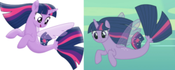 Size: 1473x588 | Tagged: safe, screencap, twilight sparkle, alicorn, seapony (g4), g4, my little pony: the movie, season 8, surf and/or turf, bubble, clothes, comparison, cropped, dorsal fin, female, fin, fin wings, fins, fish tail, flowing mane, flowing tail, horn, mare, ocean, scales, seaponified, seapony twilight, see-through, smiling, solo, species swap, swimming, tail, twilight sparkle (alicorn), underwater, water, wings