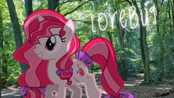Size: 2600x1463 | Tagged: safe, artist:kiwipone, oc, oc:lovebug, pony, unicorn, art trade, blinking, bow, cute, female, forest, irl, mare, name, photo, ponies in real life, signature, smiling, solo, trotting