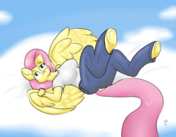 Size: 4500x3500 | Tagged: safe, artist:short circuit, fluttershy, anthro, unguligrade anthro, g4, big breasts, breasts, busty fluttershy, dock, explicit source, female, on back, solo, underhoof