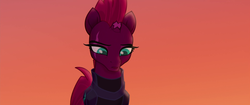 Size: 1920x804 | Tagged: safe, screencap, fizzlepop berrytwist, tempest shadow, pony, unicorn, g4, my little pony: the movie, armor, broken horn, eye scar, female, horn, looking down, mare, remorse, scar, solo, sunset