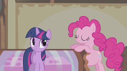 Size: 1920x1080 | Tagged: safe, screencap, pinkie pie, twilight sparkle, g4, swarm of the century, belly, big belly, eyes closed, fat, pudgy pie, stuffed, sugarcube corner