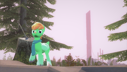 Size: 1366x768 | Tagged: safe, artist:whirlhorse, oc, oc only, oc:windy whirls, deer, original species, peryton, 3d, axe, citadel, city, clothes, gmod, half-life, half-life 2, scarf, smoke stack, solo, tower, tree, tree stump, weapon, wires