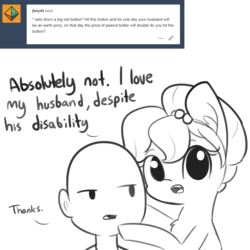 Size: 1650x1650 | Tagged: safe, artist:tjpones, oc, oc only, oc:brownie bun, oc:richard, earth pony, human, pony, horse wife, ask, backhanded compliment, bust, chest fluff, dialogue, duo, ear fluff, female, hubbo, mare, simple background, tumblr, white background, will you press the button?