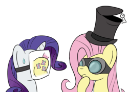 Size: 1780x1280 | Tagged: safe, artist:phat_guy, derpibooru exclusive, fluttershy, rarity, pegasus, pony, unicorn, g4, butt, clueless, crossover, cutie mark, deception, disguise, duo, exploitable meme, female, ghostly gibus, gibus, goggles, hat, hindquarters, hmm, looking at each other, mare, mask, meme, newbie, noob, not sure if, not sure if want, plot, poker face, pondering, pyrovision goggles, raised hoof, raised leg, rarispy, simple background, spy, spy (tf2), spy mask, sweatdrop, team fortress 2, thinking, top hat, video game, white background, wondering