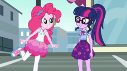 Size: 1920x1080 | Tagged: safe, pinkie pie, sci-twi, twilight sparkle, equestria girls, g4, my little pony equestria girls: better together, clothes, cutie mark on clothes, pantyhose, pinkie pie's rah rah skirt, rah rah skirt, sci-twi skirt, skirt