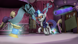 Size: 1920x1080 | Tagged: safe, artist:litterpaws, rarity, pony, unicorn, g4, 3d, carousel boutique, fabric, female, glasses rarity, mannequin, mare, scissors, smiling, solo, source filmmaker, thread