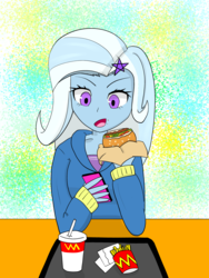 Size: 2000x2666 | Tagged: safe, artist:rdash2116108, trixie, equestria girls, g4, burger, eating, fast food, female, food, french fries, high res, looking down, soda, solo