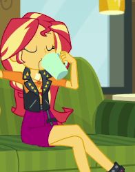 Size: 728x928 | Tagged: safe, screencap, sunset shimmer, equestria girls, g4, my little pony equestria girls: better together, text support, text support: sunset shimmer, animated, cafe, couch, cropped, crossed legs, drinking, female, food, geode of empathy, legs, sitting, solo, tea