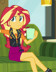Size: 728x928 | Tagged: safe, edit, edited screencap, screencap, sunset shimmer, equestria girls, g4, my little pony equestria girls: better together, text support, text support: sunset shimmer, animated, cafe, clothes, cropped, crossed legs, cup, drinking, female, geode of empathy, magical geodes, mug, offscreen character, reversed, tea