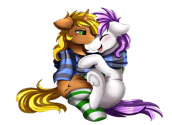 Size: 2494x1816 | Tagged: safe, artist:pridark, oc, oc only, oc:rock, oc:sophi, pony, unicorn, blushing, chest fluff, clothes, commission, cuddling, cute, ear fluff, eyes closed, floppy ears, frog (hoof), gay, male, oc x oc, open mouth, scarf, shared clothing, shared scarf, shipping, simple background, smiling, socks, striped socks, transparent background, underhoof