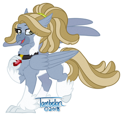 Size: 899x854 | Tagged: safe, artist:tambelon, oc, oc only, oc:bedtime story, classical hippogriff, hippogriff, amulet, classical hippogriffied, coat markings, feathered fetlocks, female, hippogriffied, piebald coat, ponysona, raised leg, simple background, socks (coat markings), solo, species swap, spread wings, unshorn fetlocks, white background