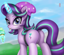 Size: 1280x1107 | Tagged: safe, alternate version, artist:celsian, starlight glimmer, pony, unicorn, g4, beanie, butt, cute, dessert, dock, drool, drool string, featureless crotch, female, food, glimmer glutes, glimmerbetes, glowing horn, hat, horn, ice cream, ice cream cone, levitation, looking at you, magic, mare, plot, ponified, saddle, sexy, sfw version, solo, stupid sexy starlight glimmer, tack, telekinesis, that pony sure does love ice cream, tongue out