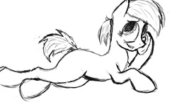 Size: 881x531 | Tagged: safe, artist:crazy water, artist:mrhalo755, artist:the_commandant, oc, oc only, pony, base pony, big eyes, blank flank, crossed legs, female, lying, mare, monochrome, ponytail, sketch, solo