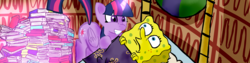 Size: 960x240 | Tagged: artist needed, safe, twilight sparkle, alicorn, pony, g4, bed, book, creepy, crossover, glowing horn, grin, horn, male, spongebob squarepants, spongebob squarepants (character), spongetwi