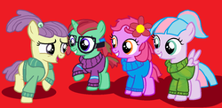 Size: 1124x548 | Tagged: safe, lily pad (g4), oc, oc:lilac sea, oc:posey tickle, oc:straight a's, pony, g4, base used, clothes, cute, equestria girls ponified, flower, glasses, horn, jacket, lily padorable, pigtails, ponified, ponytail, sweater, wings