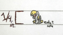 Size: 3771x2121 | Tagged: safe, artist:binkyt11, derpy hooves, pegasus, pony, g4, chibi, derp, female, high res, lined paper, mare, size comparison, solo, spread wings, tiny ponies, traditional art, wings