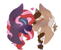 Size: 1200x970 | Tagged: safe, artist:person8149, oc, oc only, bat pony, pony, blushing, female, heart, lesbian, nuzzling, oc x oc, shipping, simple background, transparent background