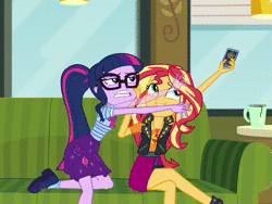 Size: 1436x1080 | Tagged: safe, screencap, sci-twi, sunset shimmer, timber spruce, twilight sparkle, equestria girls, g4, my little pony equestria girls: better together, my little pony equestria girls: choose your own ending, text support, text support: sunset shimmer, adorable distress, adorkable, animated, animated screencap, bemused, clothes, cute, dork, flailing, geode of empathy, geode of telekinesis, glasses, keep away, legs, magical geodes, majestic as fuck, panic, phone, playful, smiling, smirk, sound, sunset shimmer is amused, tantrum, twilighting, webm