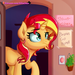 Size: 3000x3000 | Tagged: safe, artist:katakiuchi4u, sunset shimmer, butterfly, pony, unicorn, g4, anti-bronybait, butterfly on nose, door, doorway, female, frozen, high res, insect on nose, mare, patreon, patreon logo, raised hoof, sign, solo