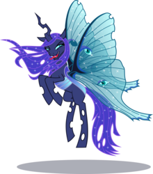 Size: 2000x2275 | Tagged: safe, artist:phucknuckl, nightmare moon, princess luna, queen chrysalis, changeling, changeling queen, luna moth, moth, mothling, original species, g4, changelingified, female, high res, inkscape, open mouth, simple background, solo, species swap, tongue out, transparent background, vector