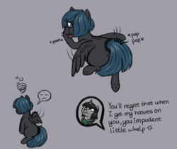 Size: 978x820 | Tagged: safe, artist:hipsanon, oc, oc only, oc:nothing special, oc:uictoria, pegasus, pony, colt quest, dialogue, dizzy, onomatopoeia, raspberry, raspberry noise, simple background, spanking, taunting, tired, tongue out