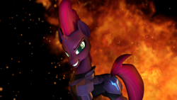 Size: 2560x1440 | Tagged: safe, artist:rootbeer2222, tempest shadow, pony, g4, my little pony: the movie, 3d, broken horn, destruction, evil smile, female, fire, grin, horn, looking at you, mare, silly little ponies, smiling, smirk, source filmmaker