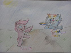 Size: 4096x3072 | Tagged: safe, artist:supercastle, pinkie pie, rainbow dash, earth pony, pegasus, pony, g4, duo, female, flying, lesbian, mare, running, ship:pinkiedash, shipping, traditional art
