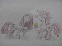 Size: 4096x3072 | Tagged: safe, artist:supercastle, pinkie pie, earth pony, pony, g4, angry, colored pencil drawing, cupcake, duality, food, knife, pinkamena diane pie, self ponidox, simple background, traditional art