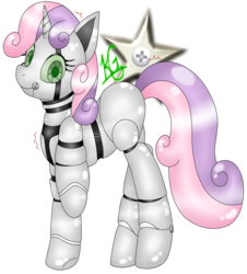 Size: 900x994 | Tagged: safe, artist:royaltwilight, sweetie belle, pony, robot, robot pony, unicorn, friendship is witchcraft, g4, blank flank, cute, female, hooves, horn, looking at you, mare, metal, raised hoof, simple background, solo, sweetie bot, transparent background