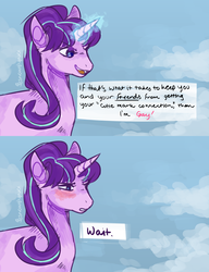 Size: 3386x4414 | Tagged: safe, artist:snowylynxx, starlight glimmer, pony, unicorn, g4, the cutie re-mark, blushing, dialogue, female, glowing horn, horn, lesbian, mare, solo, speech bubble