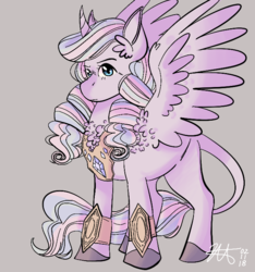 Size: 655x700 | Tagged: safe, artist:lxxjunebugxxl, oc, oc only, oc:ethereal quartz, alicorn, pony, female, filly, gray background, magical lesbian spawn, offspring, parent:pinkie pie, parent:princess celestia, parents:pinkielestia, simple background, solo