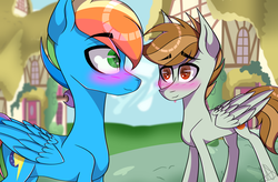 Size: 1024x671 | Tagged: safe, artist:misskitkat2002, oc, oc only, oc:free fall, oc:spectrum, pegasus, pony, blushing, gay, male, offspring, parent:rainbow dash, parent:soarin', parents:soarindash, story in the source