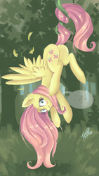 Size: 720x1280 | Tagged: safe, alternate version, artist:xjenn9, fluttershy, pegasus, pony, g4, ..., blushing, butt, dock, feather, female, mare, plot, solo, suspended, tail, tail pull, tentacles