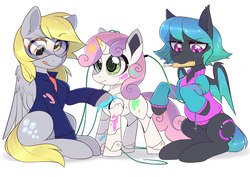 Size: 1280x905 | Tagged: safe, artist:fensu-san, derpy hooves, sweetie belle, oc, oc:moondrive, bat pony, pegasus, pony, robot, robot pony, unicorn, sweetie bot project, g4, bat pony oc, bat wings, blank flank, clothes, cutie mark, derpfest, female, filly, foal, glasses, hooves, horn, jacket, mare, mouth hold, screwdriver, simple background, sitting, standing, sweetie bot, tongue out, varsity jacket, white background, wings, wires