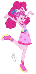 Size: 997x2048 | Tagged: safe, artist:ilaria122, pinkie pie, equestria girls, equestria girls specials, g4, my little pony equestria girls: better together, my little pony equestria girls: spring breakdown, bow, clothes, dress, female, hair bow, pigtails, pink, raised arms, raised leg, simple background, solo, sunglasses, transparent background