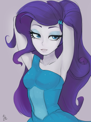 Size: 663x888 | Tagged: safe, artist:ehfa, rarity, equestria girls, g4, my little pony equestria girls, armpits, arms in the air, bedroom eyes, breasts, clothes, dress, eyeshadow, fall formal outfits, female, gray background, hands in the air, makeup, sexy, simple background, sleeveless, sleeveless dress, solo