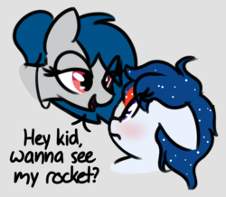 Size: 950x830 | Tagged: safe, artist:masserey, oc, oc:nasapone, oc:spacexpone, earth pony, pony, bedroom eyes, blushing, bust, cute, disembodied head, duo, floppy ears, innuendo, open mouth, simple background, spacex, talking, white background