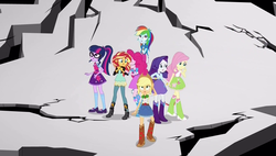 Size: 1336x757 | Tagged: safe, screencap, applejack, fluttershy, pinkie pie, rainbow dash, rarity, sci-twi, sunset shimmer, twilight sparkle, equestria girls, equestria girls specials, g4, my little pony equestria girls: mirror magic, cracking, female, frightened, here we go again, hug, humane five, humane seven, humane six, limbo, mirror world, not again, not good, oh no, scared, sci-twi outfits, worried