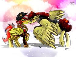 Size: 1600x1200 | Tagged: safe, artist:brainiac, oc, pegasus, pony, beard, blushing, braid, chubby, clothes, commission, couple, facial hair, female, floppy ears, hat, male, mare, snow, stallion, straight, sunglasses