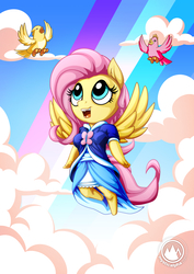 Size: 955x1351 | Tagged: safe, artist:mysticalpha, fluttershy, bird, anthro, g4, clothes, cloud, dress, female, flying, rainbow, sky, solo, wings