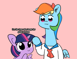 Size: 1772x1370 | Tagged: safe, artist:pabbley, artist:tjpones, rainbow dash, twilight sparkle, alicorn, pegasus, pony, g4, bust, c:, cute, dialogue, duo, ear fluff, female, mare, pink background, pop team epic, simple background, smiling, spread wings, text, twilight sparkle (alicorn), wat, wings