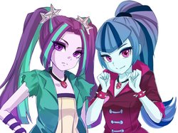 Size: 787x590 | Tagged: safe, artist:aruba, aria blaze, sonata dusk, equestria girls, g4, clothes, female, jewelry, looking at you, necklace, simple background, white background