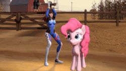 Size: 1280x720 | Tagged: safe, anonymous artist, pinkie pie, earth pony, pony, g4, 3d, 60 fps, abuse, animated, cartoon physics, crossover, d.va, hammer, no sound, overwatch, pinkiebuse, source filmmaker, wat, webm, whisker markings
