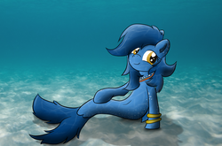 Size: 4000x2641 | Tagged: safe, artist:pzkratzer, oc, oc only, oc:night cloud, earth pony, merpony, sea pony, seapony (g4), blue mane, bubble, cute, dorsal fin, fish tail, jewelry, necklace, ocean, pearl necklace, seaponified, sitting, smiling, solo, species swap, tail, underwater, water
